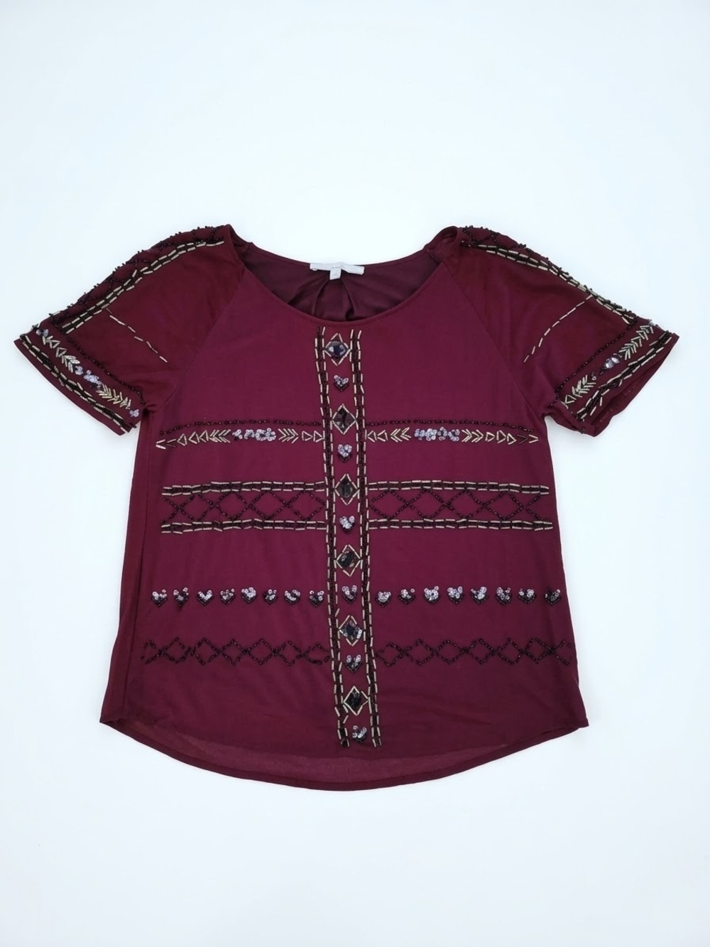 Miss Me Burgundy Short Sleeve Embroidered Top
